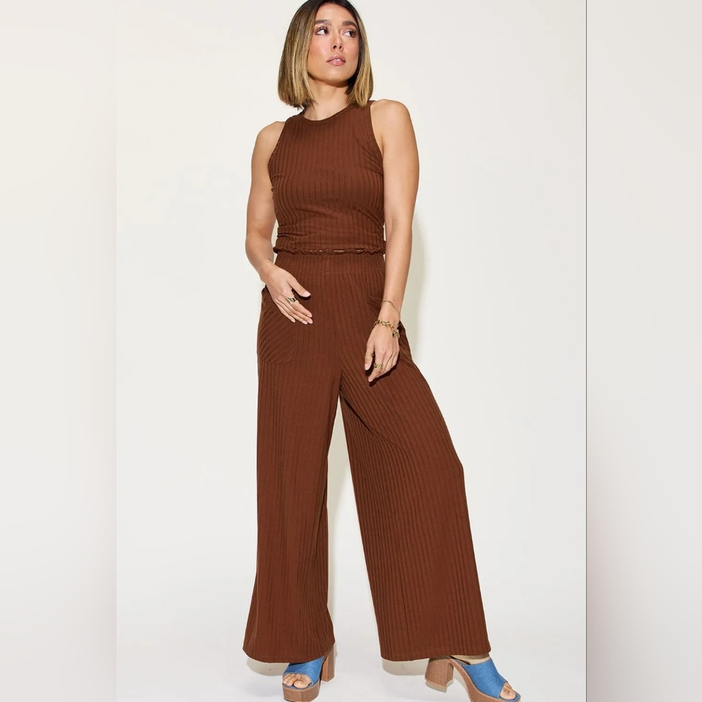 Brown Ribbed Tank and Wide Leg Pants Set